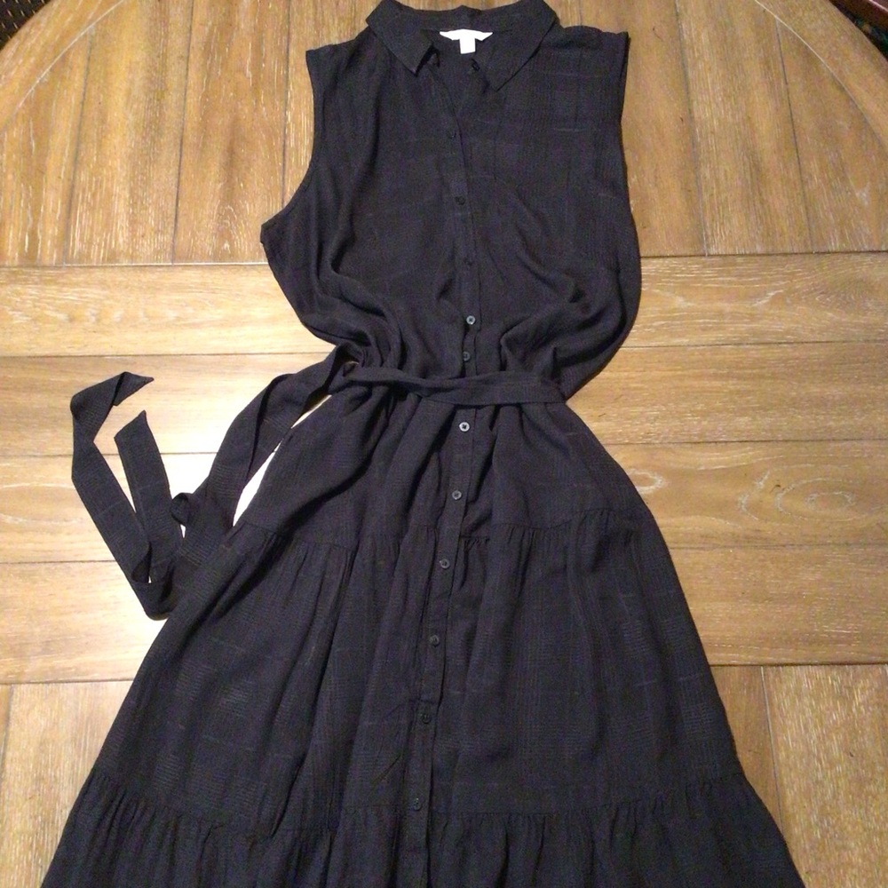 Black Midi Shirt Dress with Tie Front and Dress Shirt Collar for Casual Work